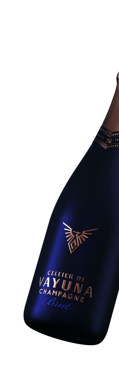 Elegant dark blue champagne bottle with rose gold accents, prominently featuring the logo and text 'Cellier de VAYUNA CHAMPAGNE Brut'