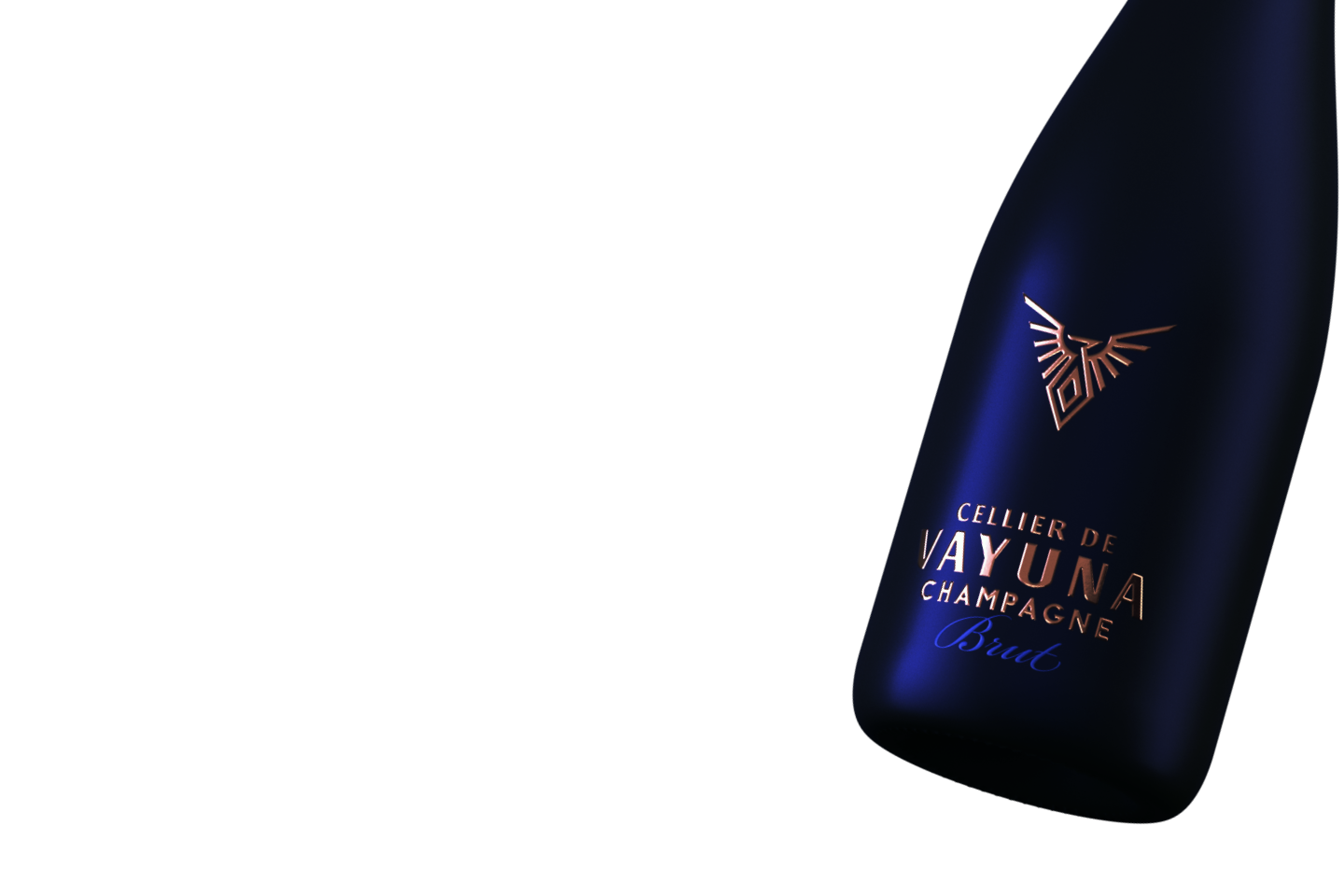 Elegant dark blue champagne bottle with rose gold accents, prominently featuring the logo and text 'Cellier de VAYUNA CHAMPAGNE Brut'